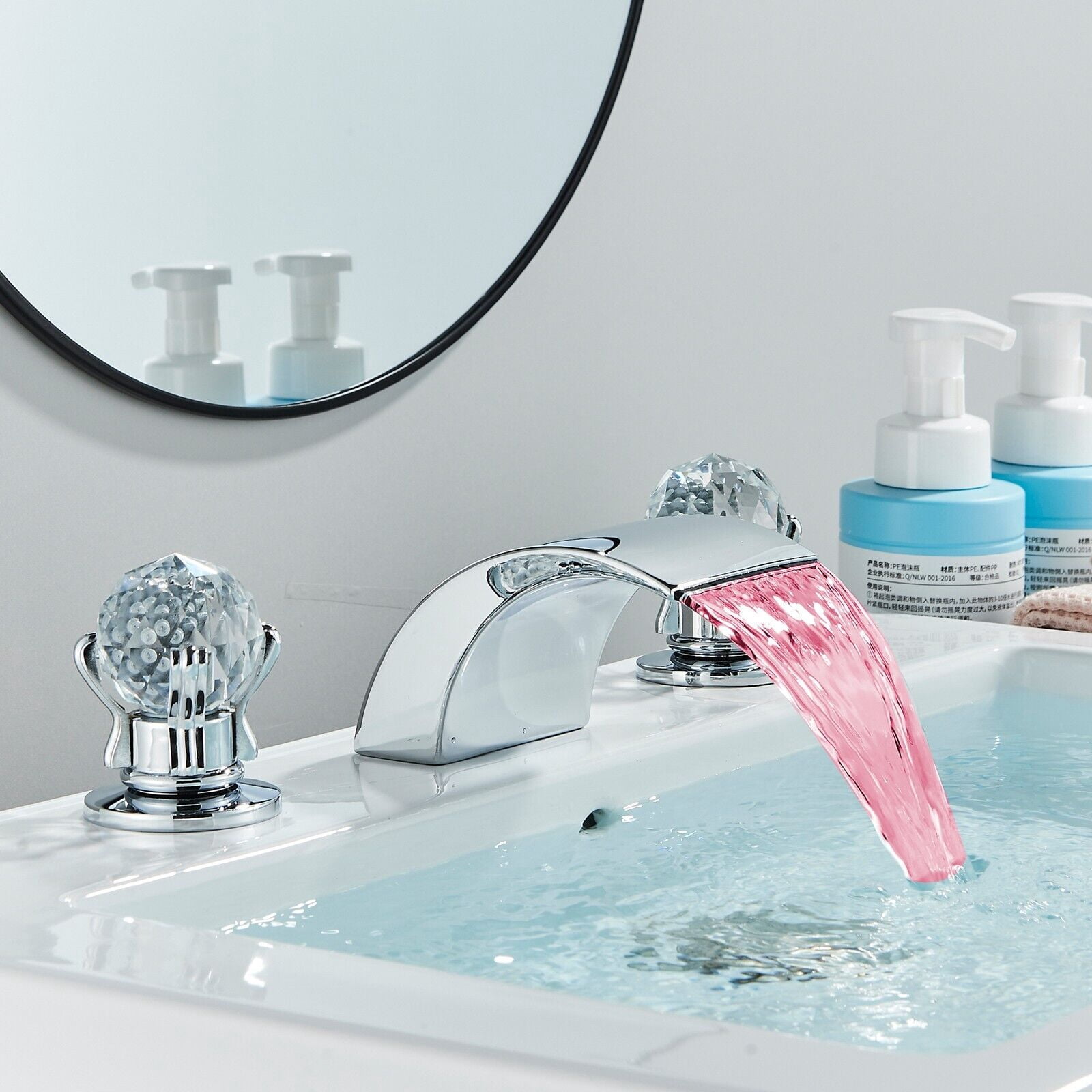 Widespread Bathroom Basin Sink Faucet LED Spout 2-Handle 3 hole Mixer Tap Chrome