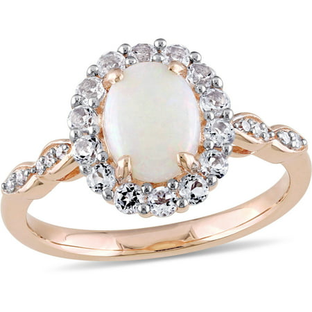 1-1/2 Carat T.G.W. Opal and White Topaz with Diamond-Accent 14kt Rose Gold Halo Ring