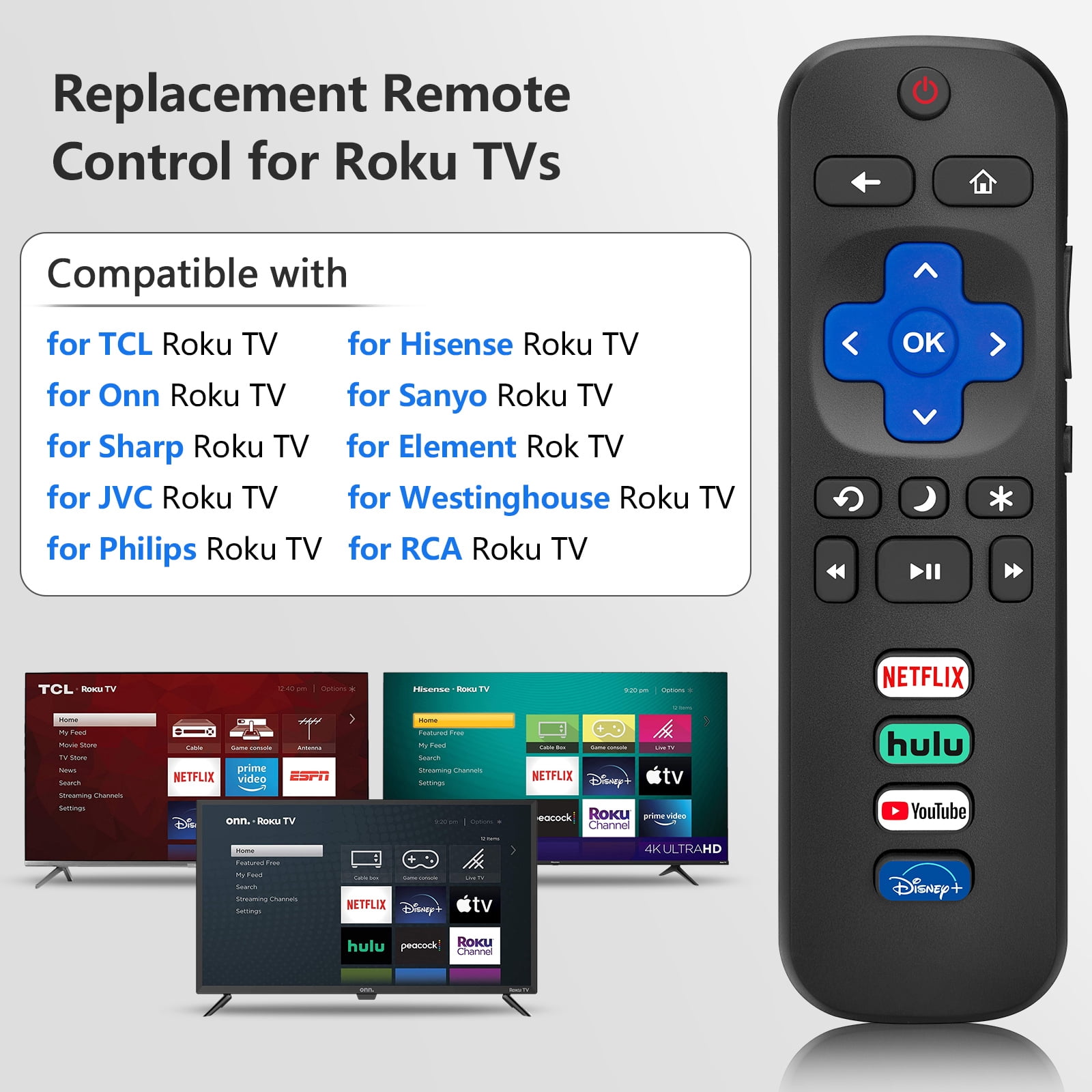 SOTATOO Ersatz-Fernbedienung Für Roku TVs – Mit 2 Leuchtenden Katzenohren-Hüllen, Universal Für TCL, Hisense, Philips Uvm.