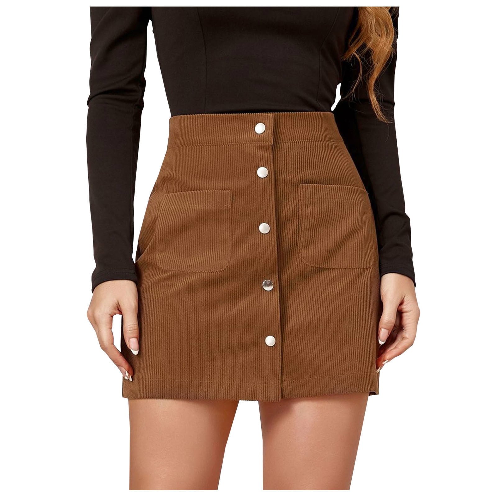 YWDJ Mini Skirts for Women Trendy Fashion Button Zipper High Waist Tight Solid Pocket Retro Skirt Pleated Brown M Walmart