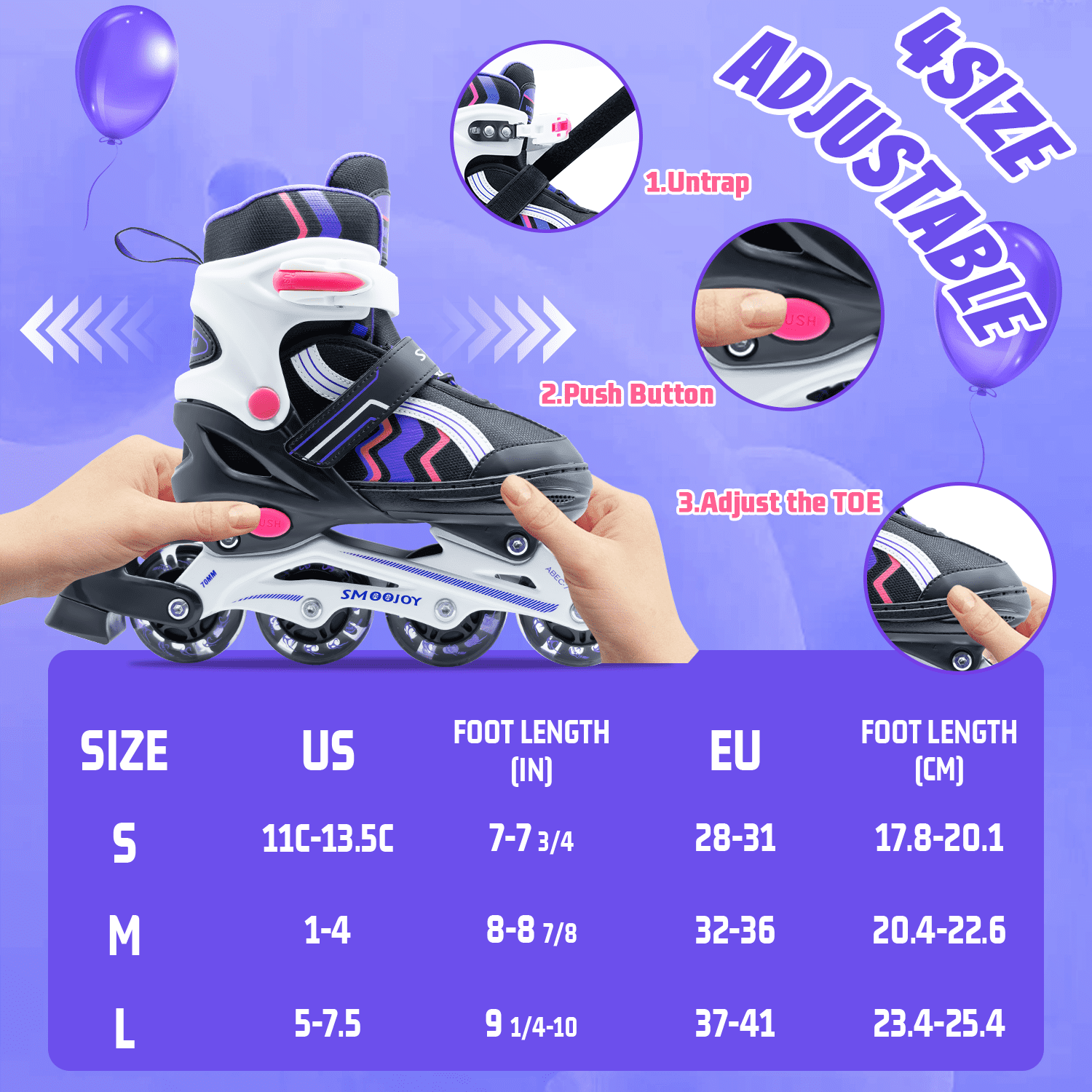 JZY Kids Inline Skates with Light-Up Wheels,4-Size Adjustable & Aluminum Frame Skate for Boys and Girls,Ideal for Beginners Ages 5-12