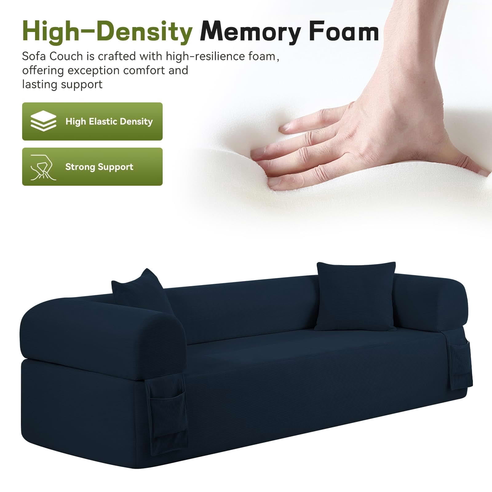 MAYEERTY 83" Blue Corduroy 3-Seater Sofa, 600lbs Pocket Spring No Assembly Couch for Living Room