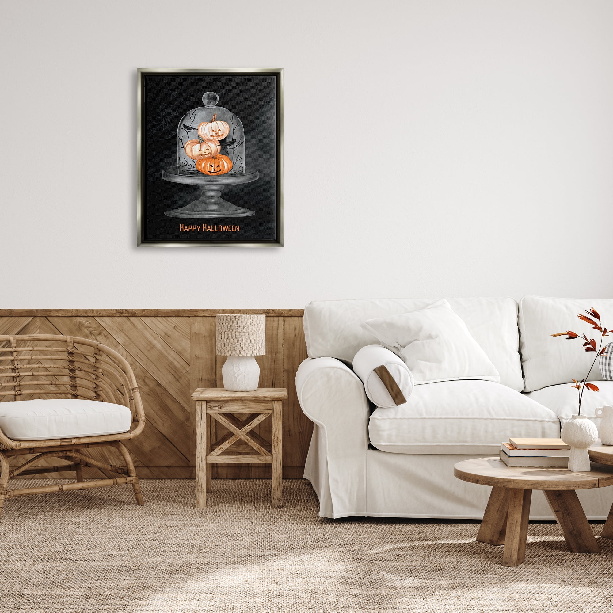 Stupell Industries Halloween Pumpkins & Crows Holiday Painting Gray Floater Framed Art Print Wall Art, 25 x 31
