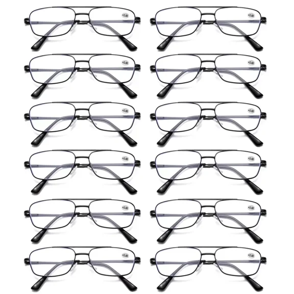 12 PK Mens Retro Aviator Reading Glasses Metal Frame Blue Light Blocking Readers