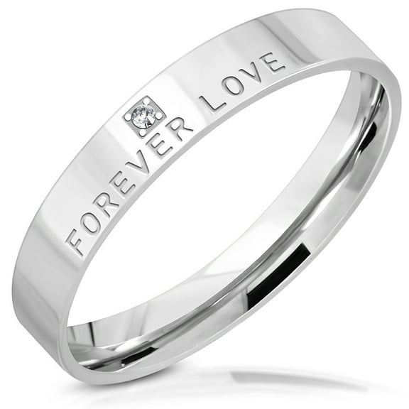 Forever Love Band Ring Silver-Tone Stainless Steel Cubic Zirconia - Size 4