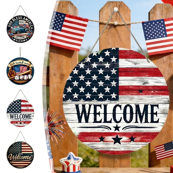 Beautynvta 4th of July Wooden Hanging Door Sign, American Flag Round Patriotic Welcome Hanging Sign for Memorial Day 250th Anniversary Front Door Wall Porch Decor