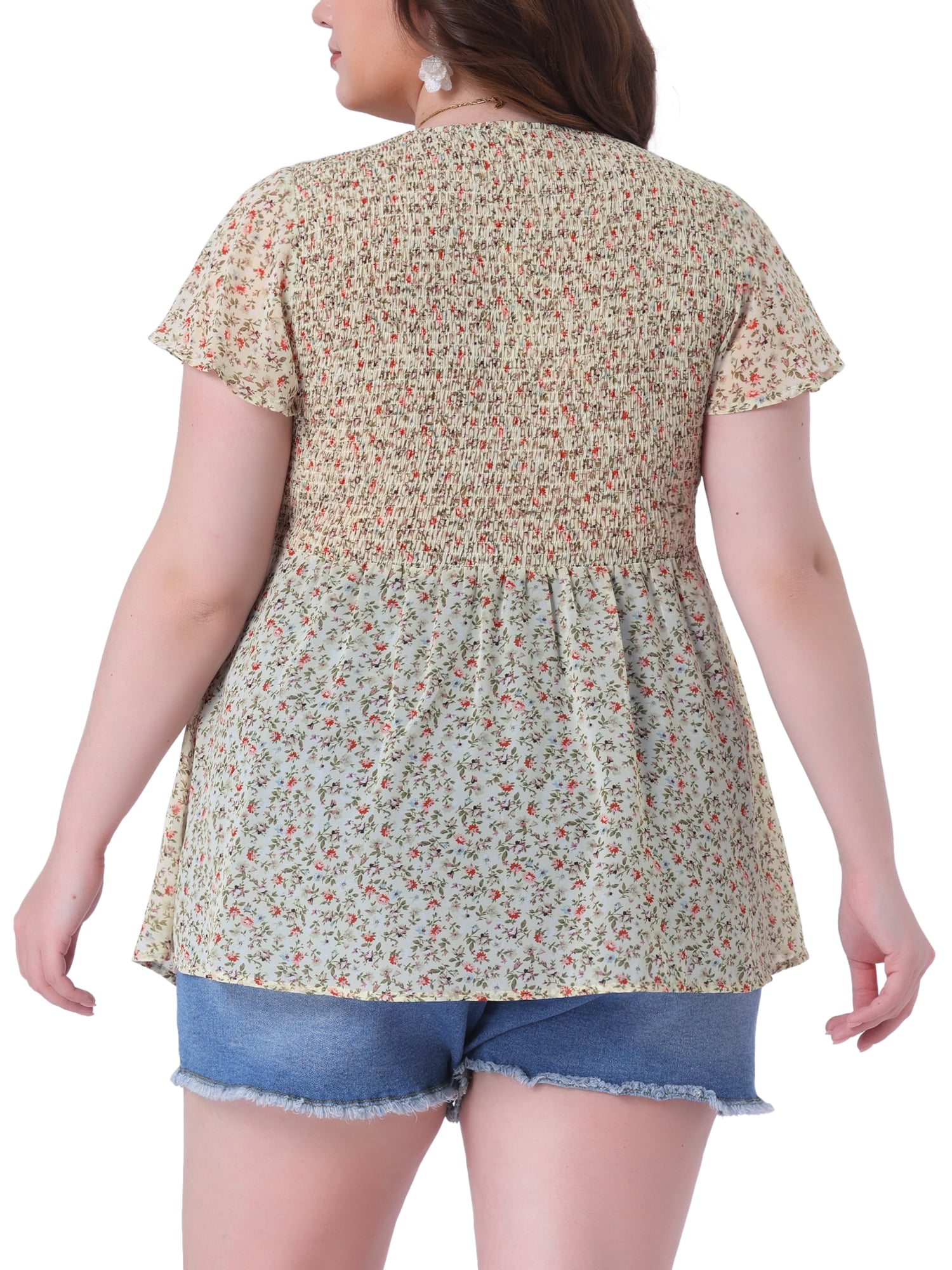 DARING DIVA Women's Plus Chiffon Flare Short Sleeves Floral Top 1X Apricot