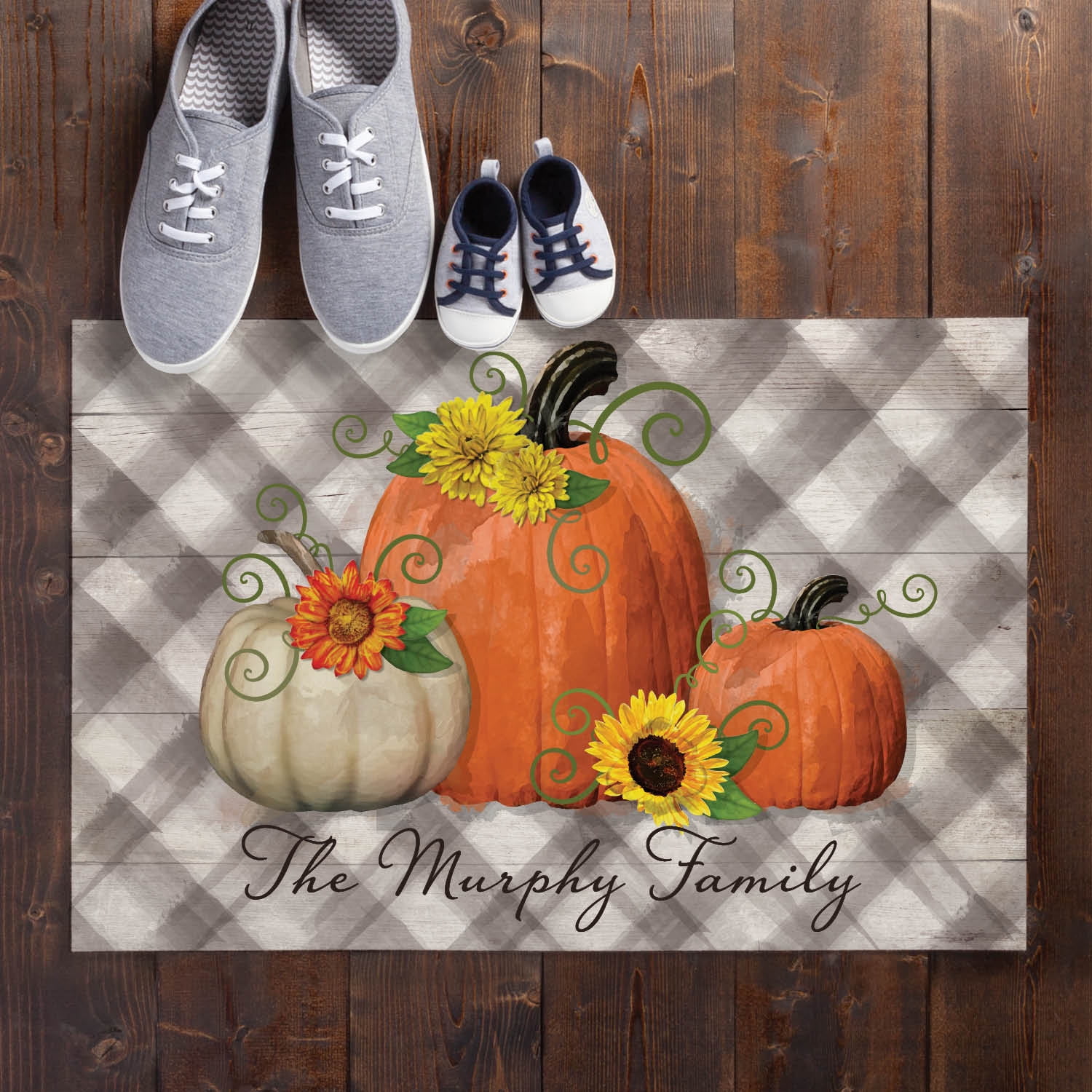 Personalized Planet 27x18 Happy Harvest Pumpkins Doormat with Custom Family Name Printed on Gray Rectangular 1/4” Thick Non Slip Mat for Kitchen Hallway Deck or Porch