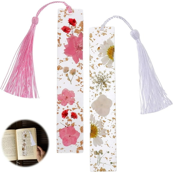 Press Embossed Flower Book Mark, 2 Pcs Handmade Dried Flower Bookmarks with Tassels Transparent Resin Page Marker Durable Book Accessories for Women Girls Student School Season