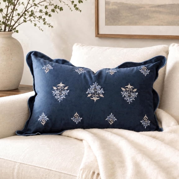 BlissBlush Lumbar Pillow Cover 12x20, Navy Blue Velvet Floral Embroidered Throw Pillow Cover with Scalloped Edge, Decorative Accent Cushion Cover for Couch Sofa Bed, COVER ONLY