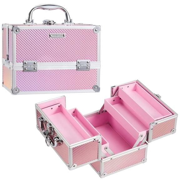 FRENESSA Makeup Train Case 8.85 Inch Portable Organizer Cosmetic Box Make Up Storage Cases with Locking Nail Kit Small Travel Mermaid Pink