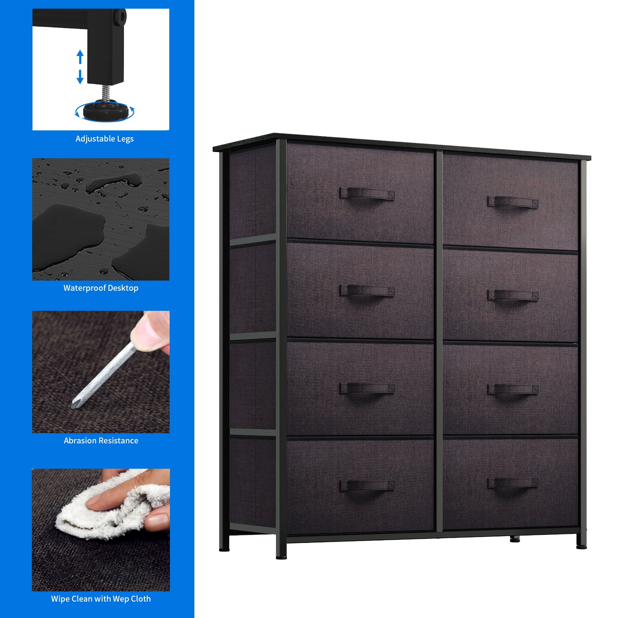 Dextrus 8 Drawers Dresser Bedroom Fabric Bins Organizer High Storage Chest Tower, Espresso Brown