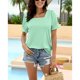 thumbnail image 2 of Mujer Cuello Cuadrado Manga Corta Top Fruncido Patrón Liso Suelto Suave Transpirable Verano Camiseta Verde Claro XL, 2 of 6