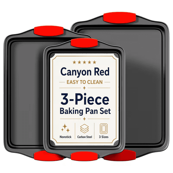 3Pcs Nonstick Carbon Steel Oven Baking Pans Set with Detachable Silicone Handles, Premium Non-Stick Steel Bakeware Set, Commercial Grade Restaurant Quality Rimmed Sheets, Easy-Clean Baking Trays