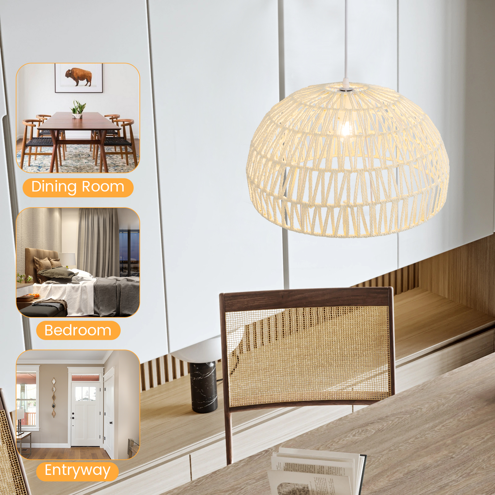 Topbuy Paper Pendant Light Fixture Dome Hanging Ceiling Light with Adjustable Hanging Rope 17.5” Decorative Chandelier