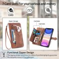 thumbnail image 5 of Dteck Case for iPhone 11,Magnetic Leather 7 Card Slots Zipper Wallet Case Shockproof Rubber Kickstand Cover with Wrist Strap, Brown, 5 of 7