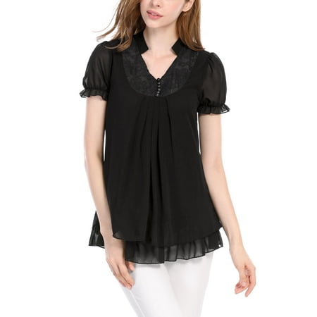 Pleated Flounce - Women Short Sleeves Flounce V Neckline Pleated Tunic Tops Black L (US 14)