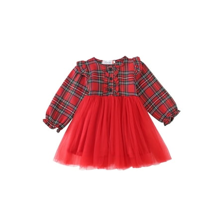 

Bagilaanoe Toddler Baby Girl Christmas Dress Ruffle Plaid Long Sleeve A-line Princess Dresses 6M12M 2T 3T 4T 5T Kid Fall Patchwork Tulle Skirt