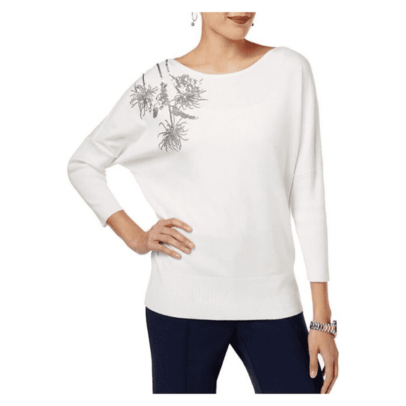 ALFANI Womens White Sequined Dolman Sleeve Jewel Neck Tunic Wear To Work Sweater  Size: XL
