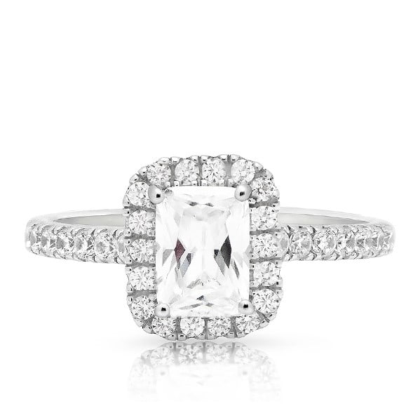Brilliance Fine Jewelry EmeraldCut Halo Cubic Zirconia Engagement Ring in Sterling Silver