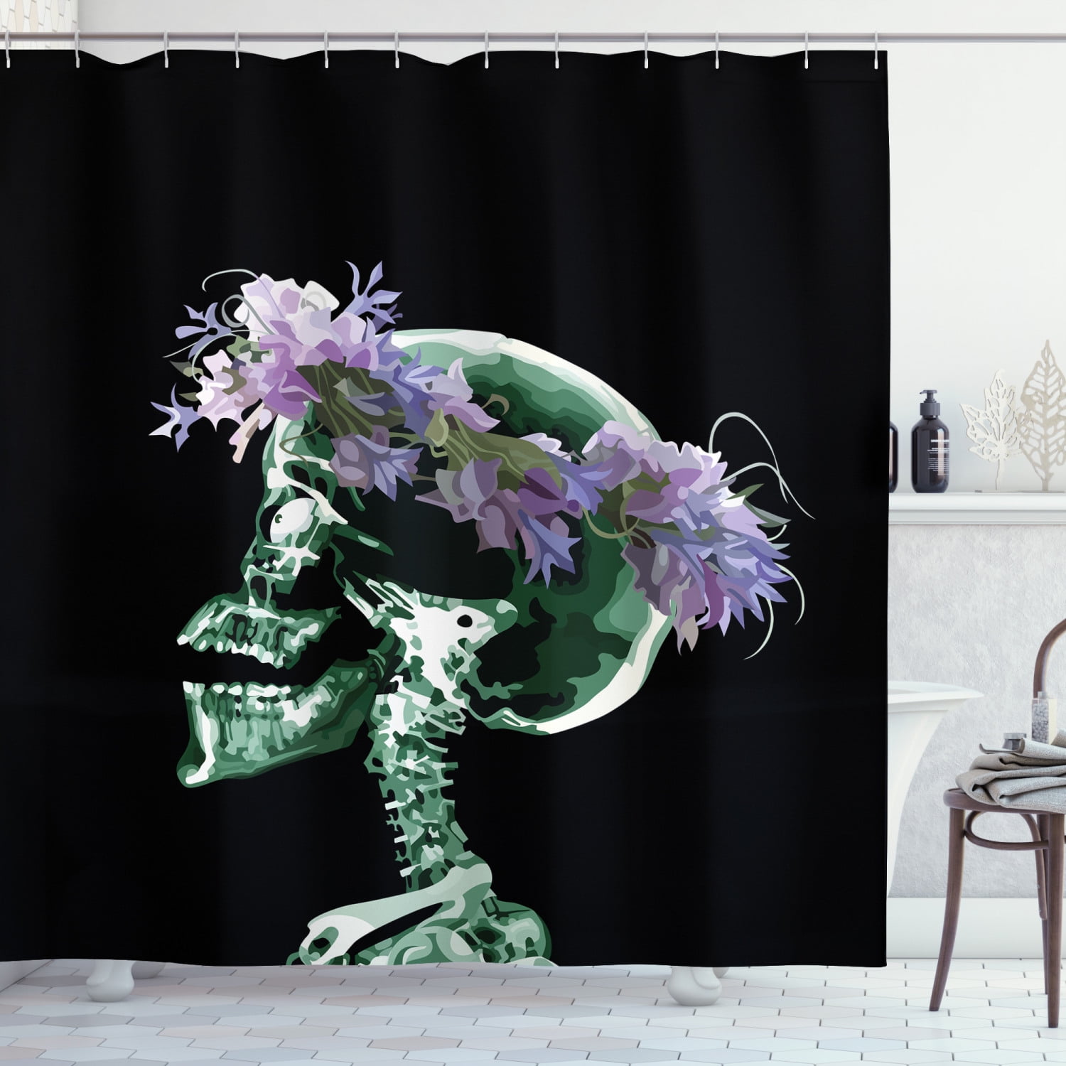 Xray Flowers Shower Curtain, Human Skull and Skeleton with Purple Tones