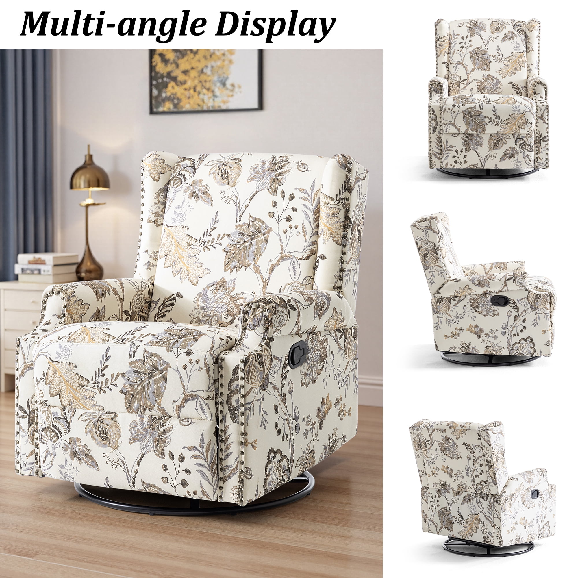 DREAMSIDEA Recliner Swivel Glider Rocker Nursery Chair for Adults, High Back Upholstered Rocking Armchair for Living Room, Manual Reclining Sofa Lounge Chair with Deep Seat in Fabric - Beige Plants