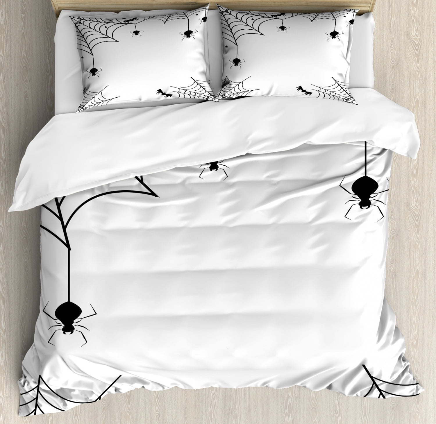Spider  Duvet Cover Set, Spiders Bats and Little Stars Monochrome Cobwebby Design Spooky
