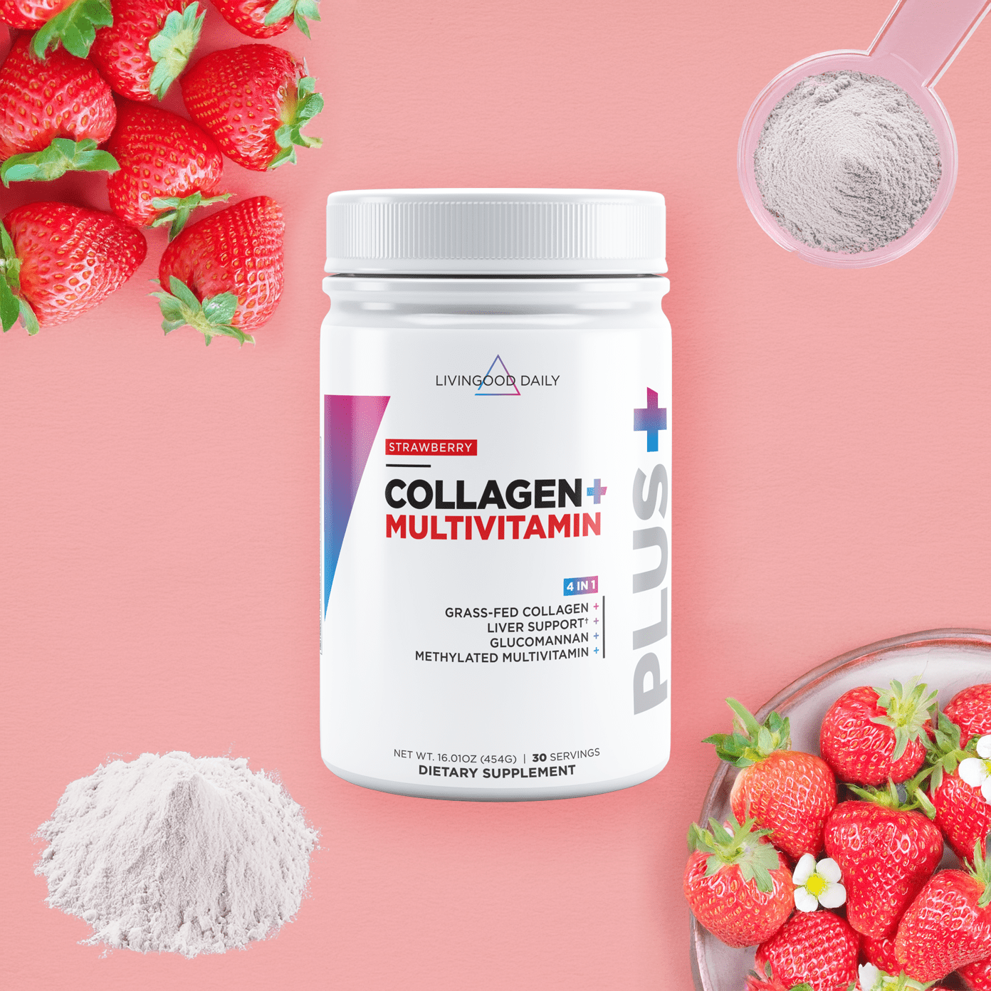 Livingood Daily Collagen Peptides Powder Strawberry, 30 Servings - 4in1 Grass Fed Hydrolyzed Collagen Powder with Multi Vitamins