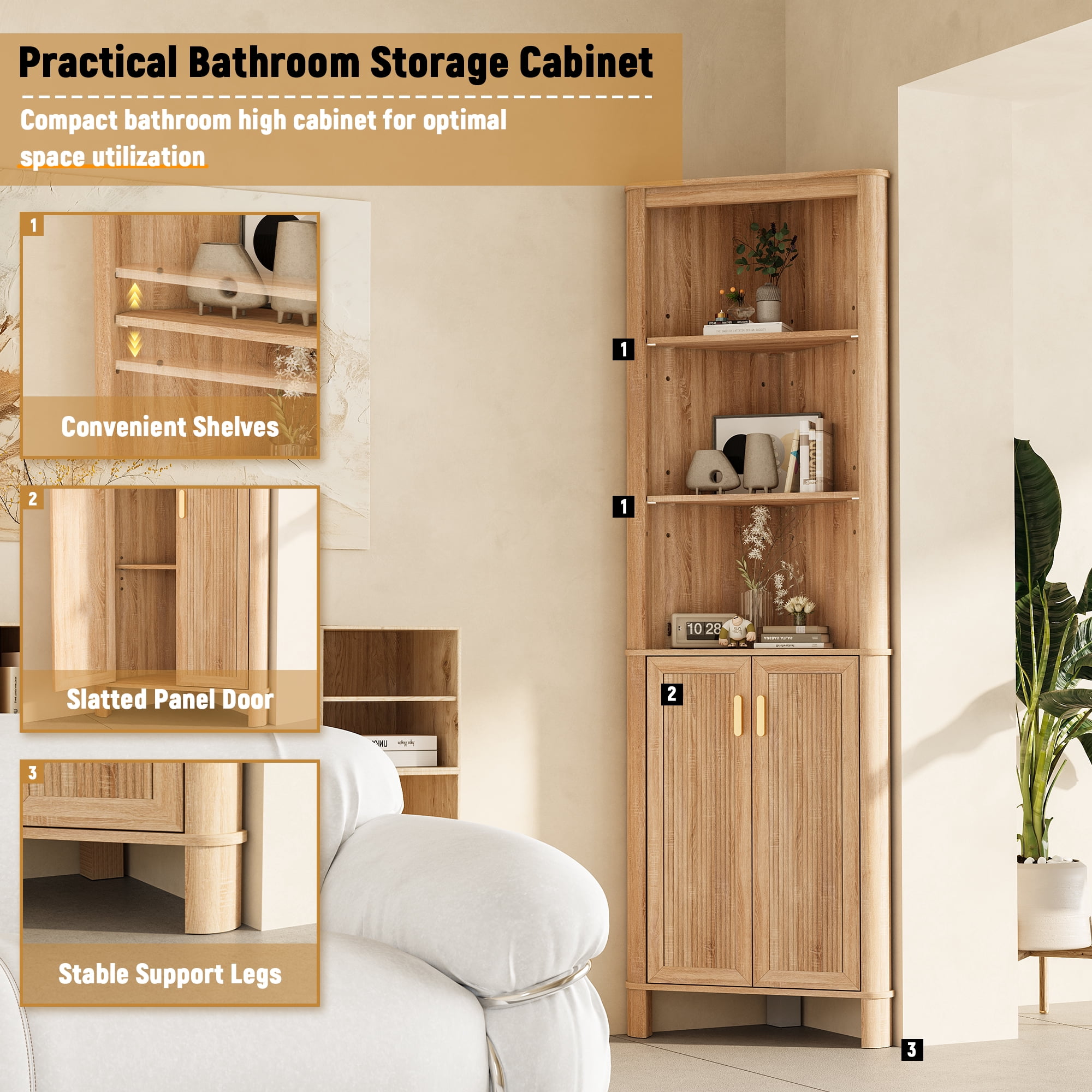 68" Tall Fluted Corner Cabinet for Bathroom, Modern Living Room & Kitchen - 5 Adjustable Shelves, Space-Saving Natural Oak Storage, Curved Profile Design
