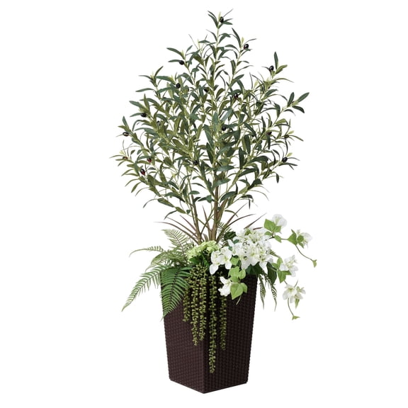 UV-Resistant 4ft Olive Artificial Tree in Brown Plastic Planter, Faux Olive Plant for Indoor Outdoor Home Decor
