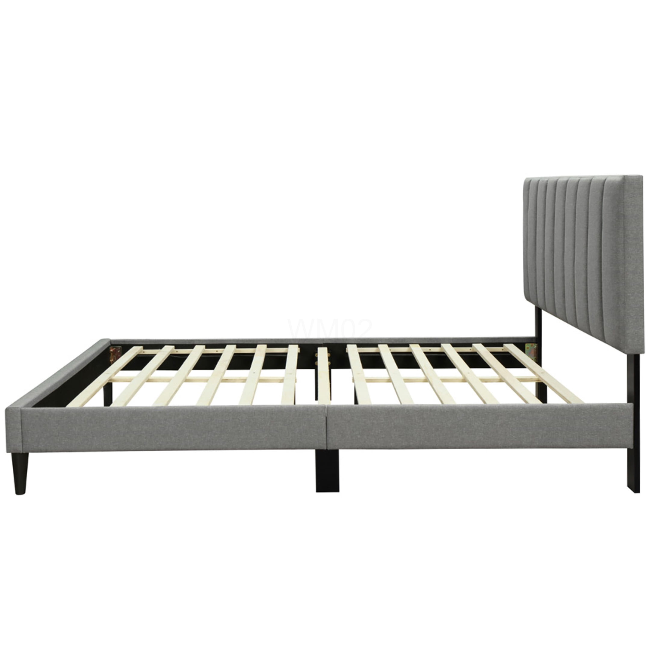 King Size Upholstered Bed Frame with USB Ports, Channel Tufted Headboard, Gray Fabric Platform Bed