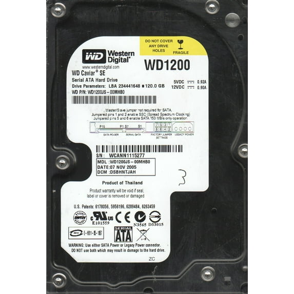 WD1200JS-00MHB0, DCM DSBNHTJAH, Western Digital 120GB SATA 3.5 Hard Drive