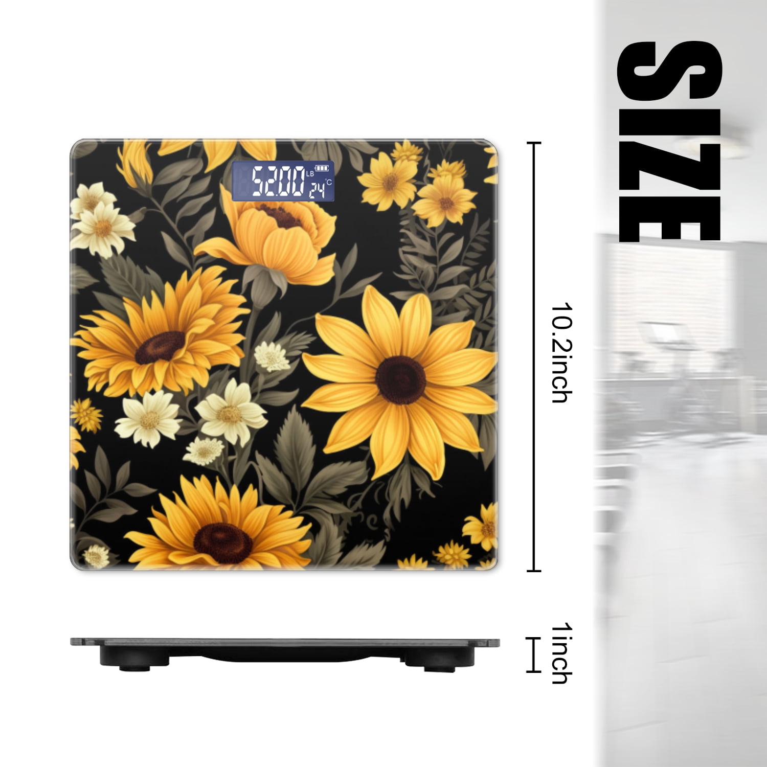 Bathroom Scale, Highly Accurate Digital Body Scale,Precisely Measures Weight up to 400 lbs-Sunflowers And Yellow Flowers On Black Background