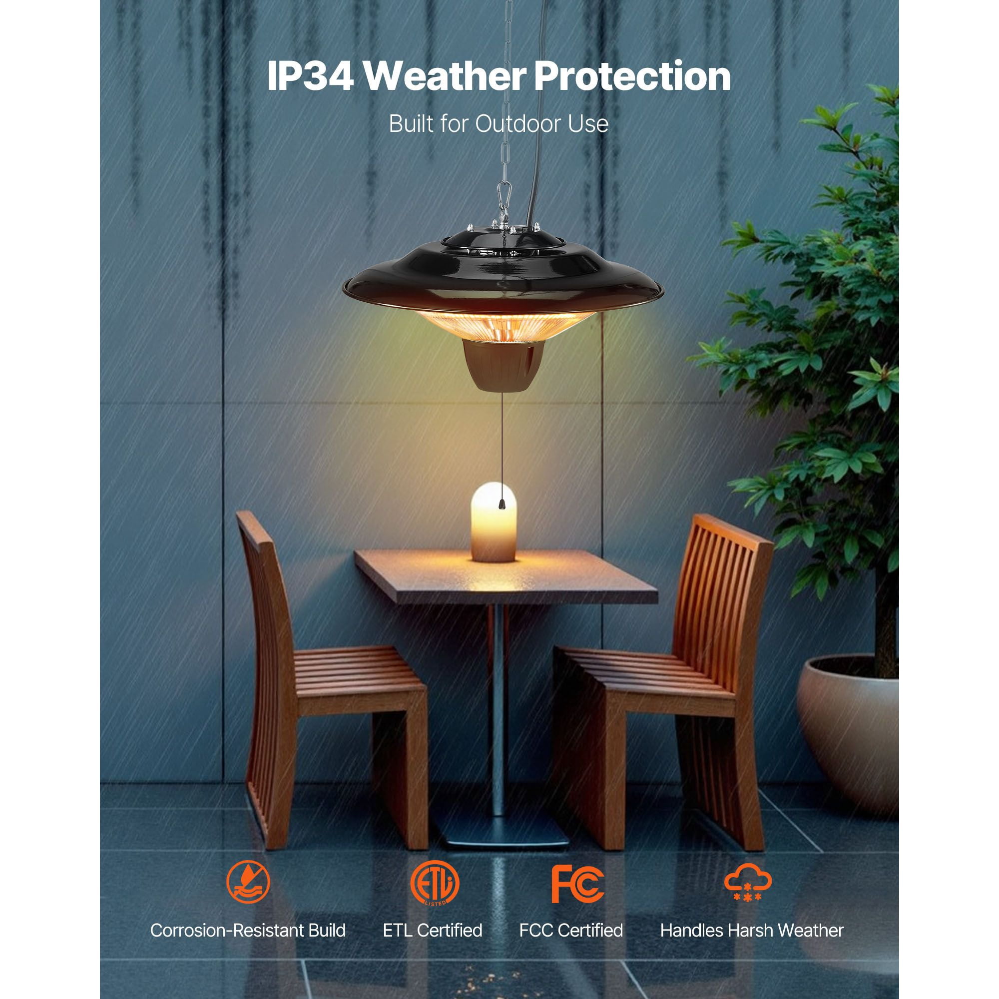 1500W Infrared Patio Heater with 3-Second Heating, 360° Heat Distribution, IP34 Waterproof, Adjustable Height, for Outdoor Patio Garage