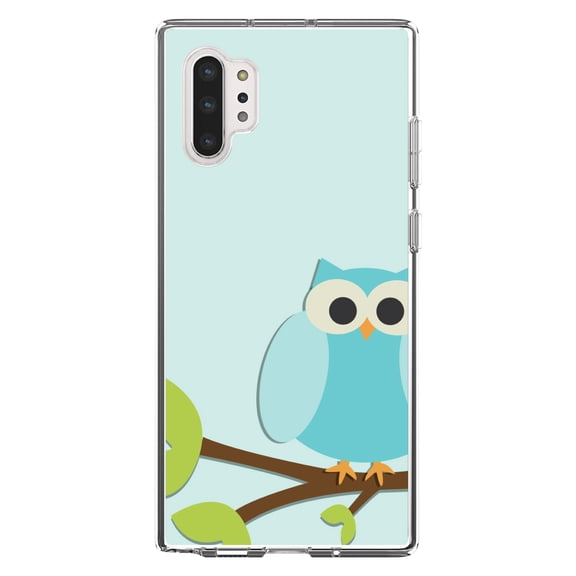 DistinctInk Clear Shockproof Hybrid Case for Galaxy Note 10 PLUS (6.8" Screen) - TPU Bumper, Acrylic Back, Tempered Glass Screen Protector - Blue Owl Cartoon - Cartoon Owls