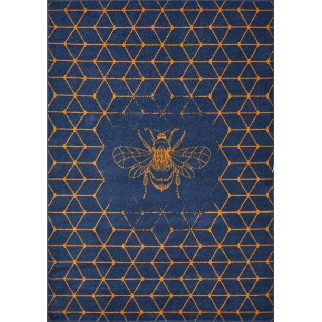 homeroots home decor 395759 8’ x 9’ Navy and Orange Honeybee Area Rug