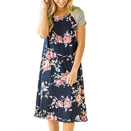 Chain Print Dress - Floral Print Short Sleeve Casual Dress Summer Women Bohemian Bench Wear