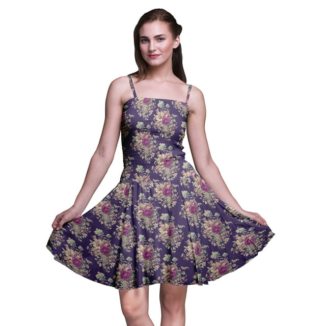 Bimba Robe d'Été à Bretelles Spaghetti Imprimée Florale Robe de Plage de Vacances-Large