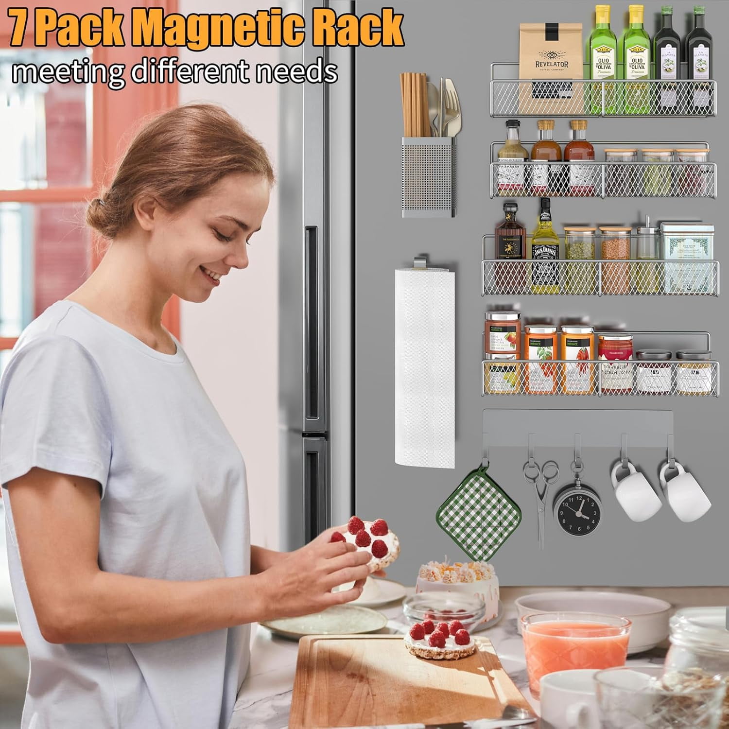 Magnetic Spice Rack for Refrigerator, 7 Pack 100% Metal Strong Magnet Shelves, Kitchen Spice Organizer W/ Hook Rack, Paper Towel Holder, Utensils Caddy, Home Laundry Room Storage Organization (Grey)