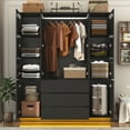 thumbnail image 4 of ChVans 75" Tall 4 Doors Armoire Wardrobe Closet with 3 Drawers and Mirror, Large Wardrobe Closet for Bedroom with LED Lights, Wooden Armoire Storage Cabinet with Hanging Rod, Black, 4 of 8