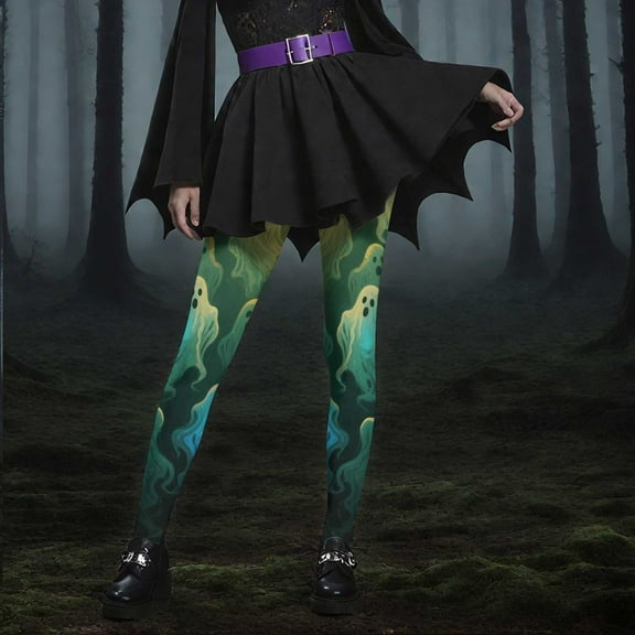 YOIAVAIOY Women's Halloween Patterned Tights Colorful Casual Holiday Tights Pumpkin Bats Skull Yoga Workout Pants Mint Green M