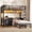 Brown, variant on Twin Over Twin Metal Bunk Bed with L-Shaped Desk,2 Fabric Drawers, Side Ladder & Full Safety Guardrail, Space Saving Bunk Bed Frame with Open Shelves & Grid Wall,Black & Rustic Brown