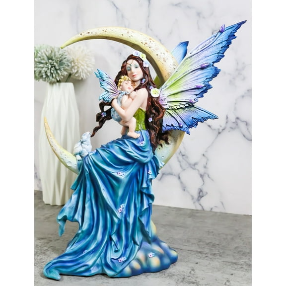 Crescent Moon Lullaby Mother Fairy in Blue Gown Embracing Her Child Baby Statue