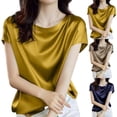 thumbnail image 6 of Women Office Lady Tops Summer Short Sleeve O-Neck Satin Blouse Shirts Basic Lady, 6 of 8