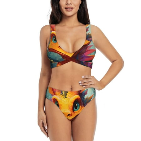 Zeuib Colorful Flower Chameleon High Waisted Tummy Control Bikini Set - Knot Front Push Up Top & Cheeky Thong Bottom  Two-Piece Swimsuit for Women-Large