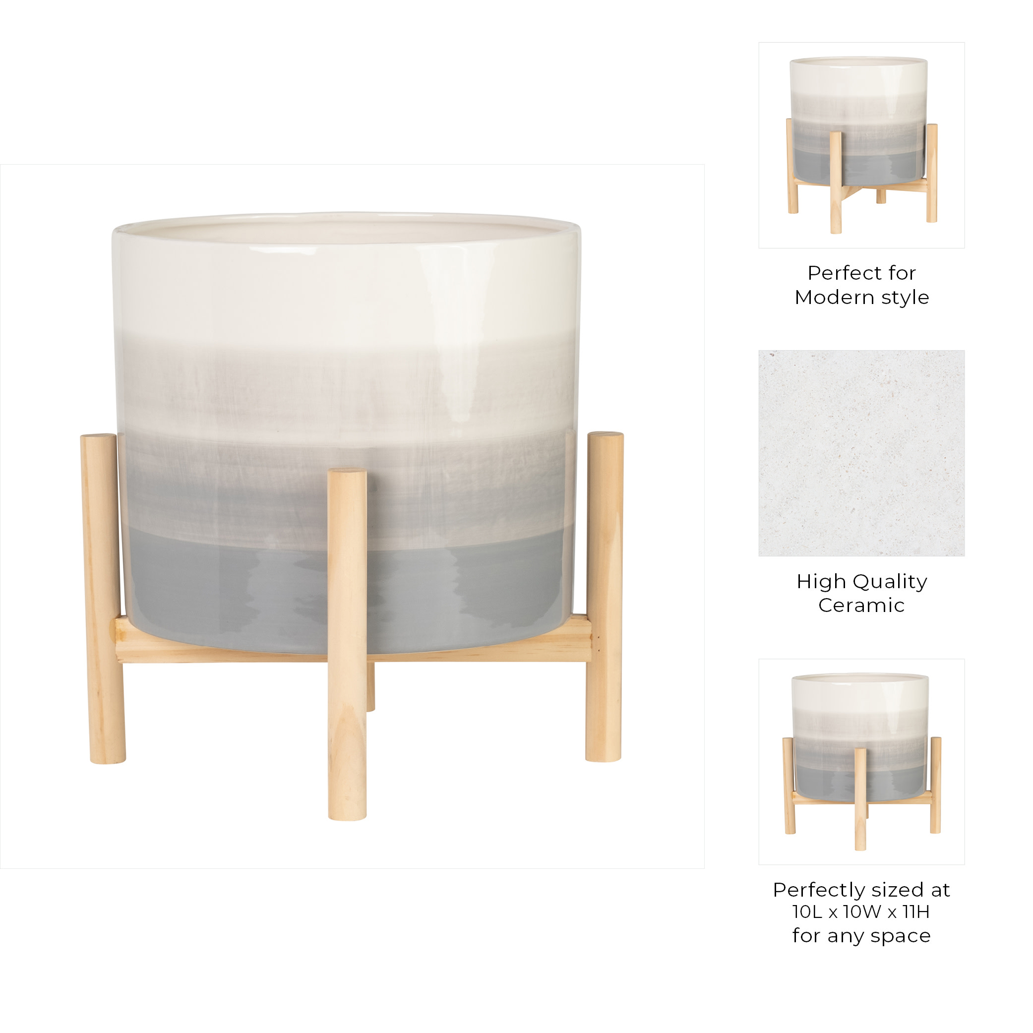 Round Flower Pots with Wood Legs for Home Decor - Ceramic Plant Pot for Indoor and Outdoor Plants - Modern Garden Style for Entryway and Hallway Styling - 14", Beige