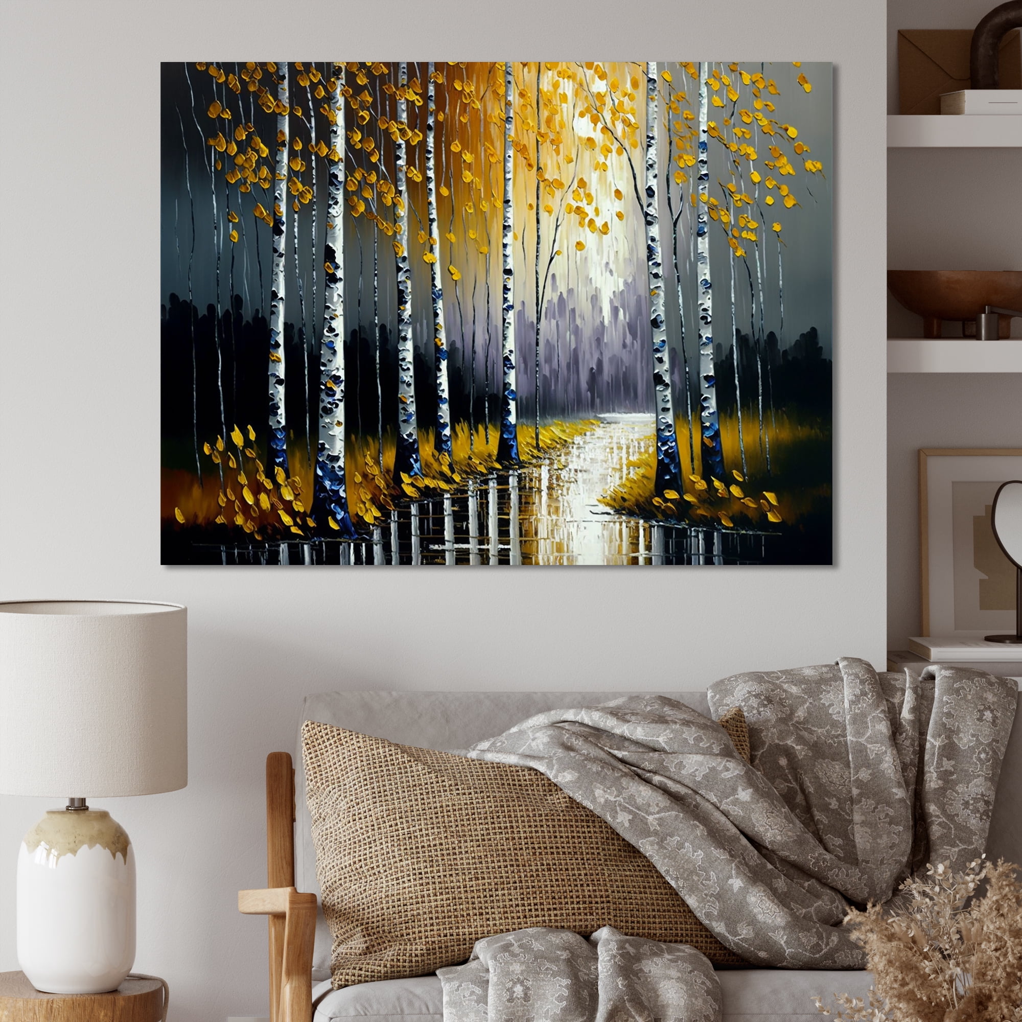 Designart Monochrome Golden Birch Trees By The River II Canvas Wall Art