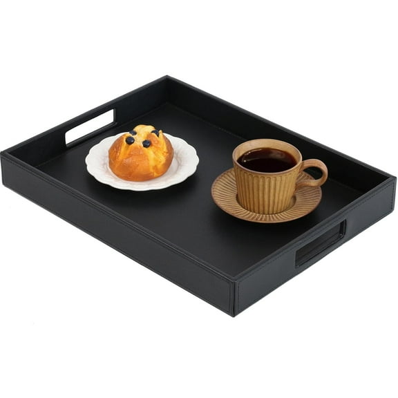 HofferRuffer Rectangle Serving Tray, Breakfast Tray with Hole Handles for Coffee Table, Tea, Food, Counter Desktop, Kitchen, 16.2 x 12.2 x 2 inches (Black)