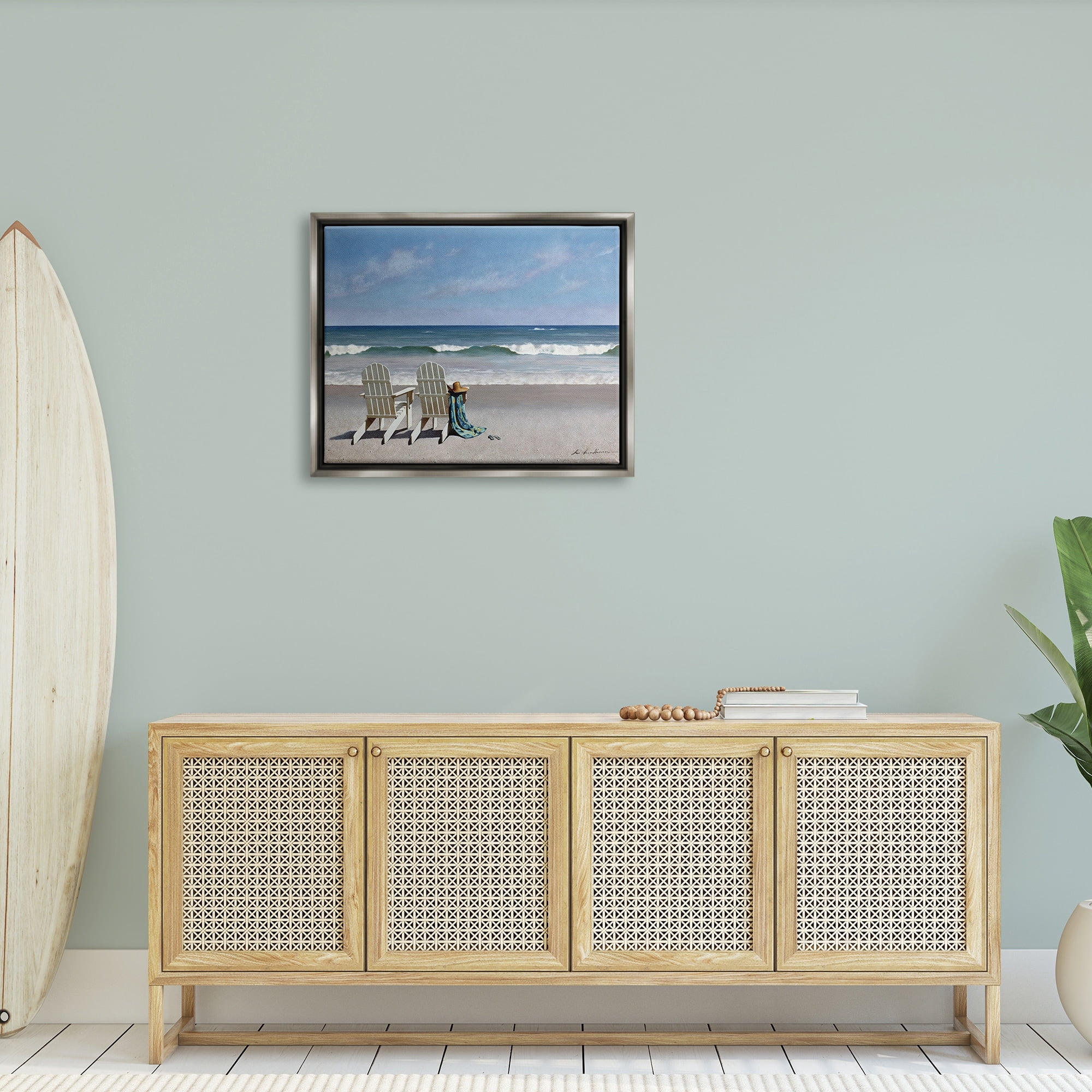 Stupell Industries Two White Adirondack Chairs on the Beach Luster Gray Framed Floating Canvas Wall Art, 24x30, by Zhen-Huan Lu