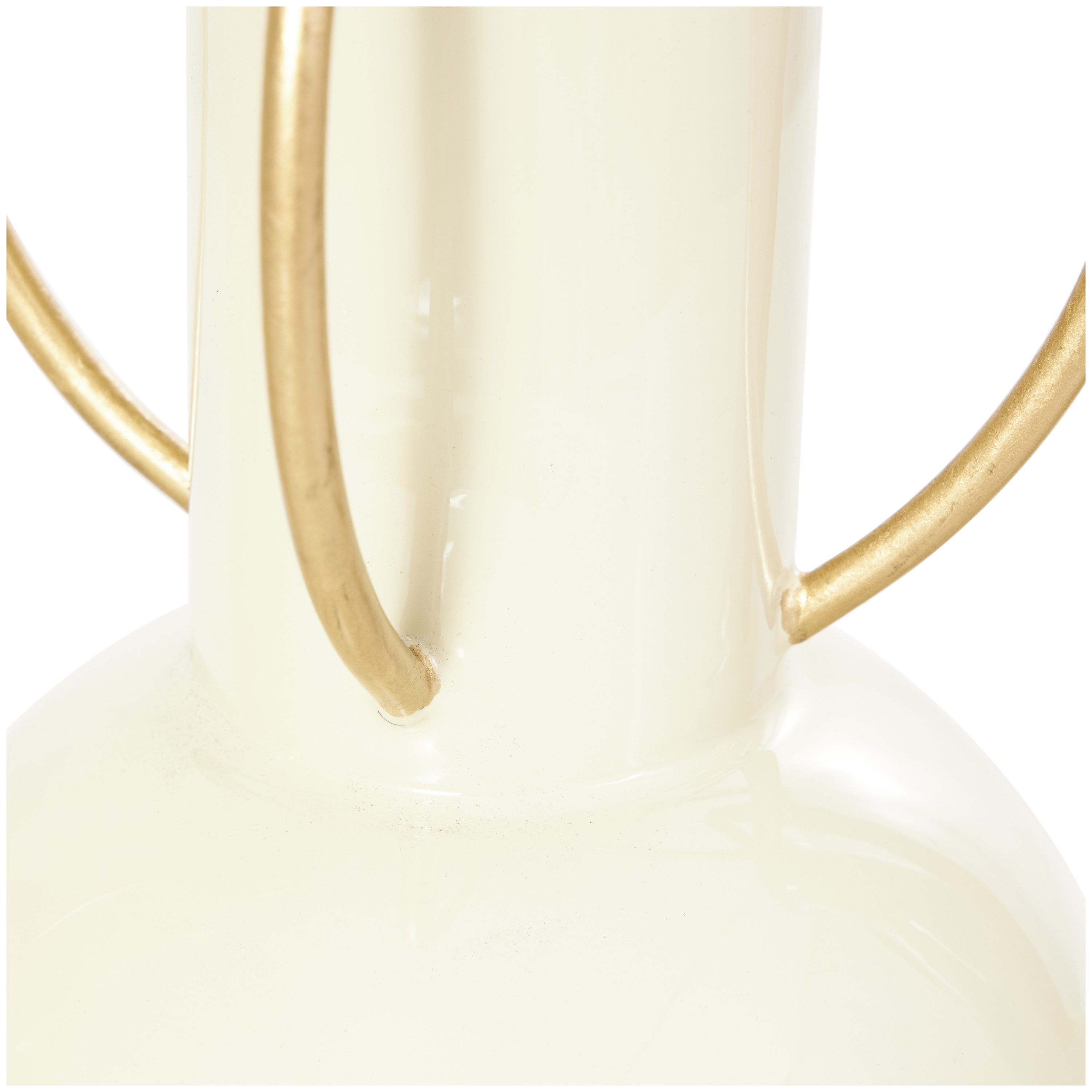 CosmoLiving by Cosmopolitan 11", 12", 12"H Abstract Cream Metal Vase with Varying Shapes and Geometric Gold Handles, Set of 3